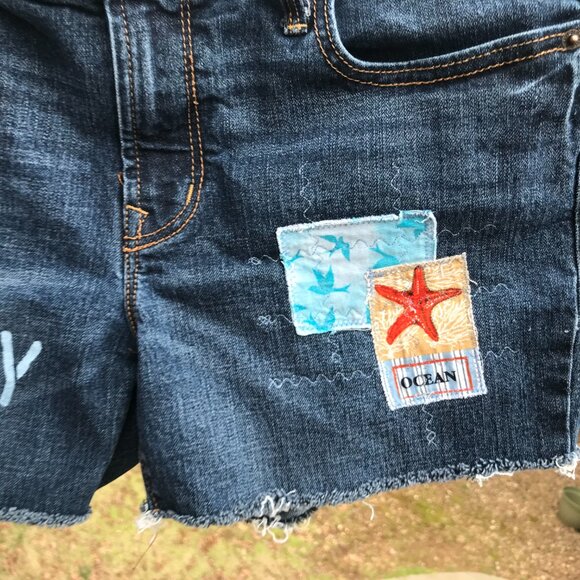 Upcycled Old Navy Cutoff Jean Shorts, Patchwork Painted Ocean, Size 8 Junior - Picture 9 of 10